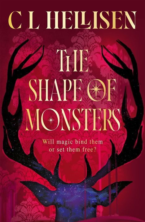 "COVER TO BE REVEALED" gefolgt von "C L Hellisen", "The Shape of Monsters". Hintergrund in Rot mit kleinem Tor-Logo unten.