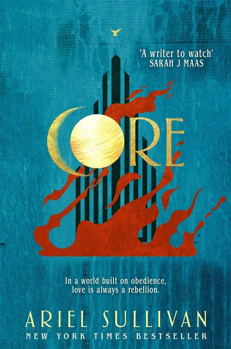 Text: „A writer to watch” - Sarah J. Maas. Grafik: Flammen und goldene Kugel vor blauem Hintergrund.