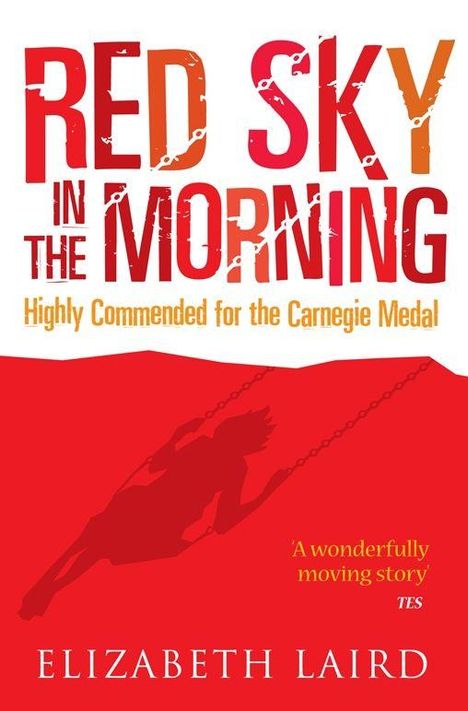 "Red Sky in the Morning", ausgezeichnet für die Carnegie Medal. Silhouette eines schaukelnden Kindes vor rotem Hintergrund.