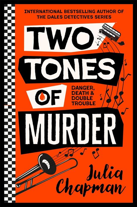 "Two Tones of Murder" groß, darunter "Danger, Death & Double Trouble". Illustrationen von Musiknoten, einem Bus und einer Trompete.