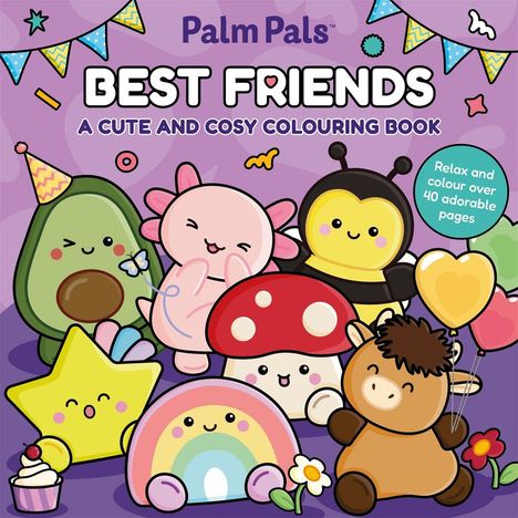 „Palm Pals Best Friends“ steht auf lila Hintergrund. Süße, lächelnde Figuren: Avocado, Biene, Stern, Regenbogen, Pilz, Pferd.