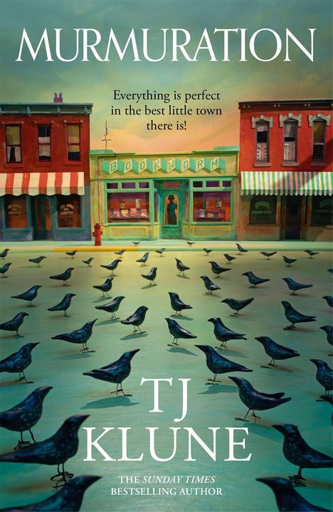 Cover-Text: "Cover To Be Revealed", "T. J. Klune", "Murmuration". Einfache rote Fläche mit Tor-Logo unten.