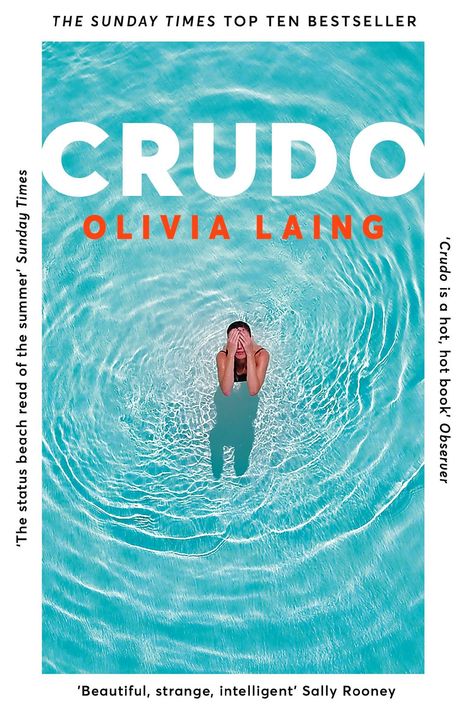 "THE SUNDAY TIMES TOP TEN BESTSELLER. CRUDO. OLIVIA LAING. Person schwimmt in einem türkisfarbenen Pool."