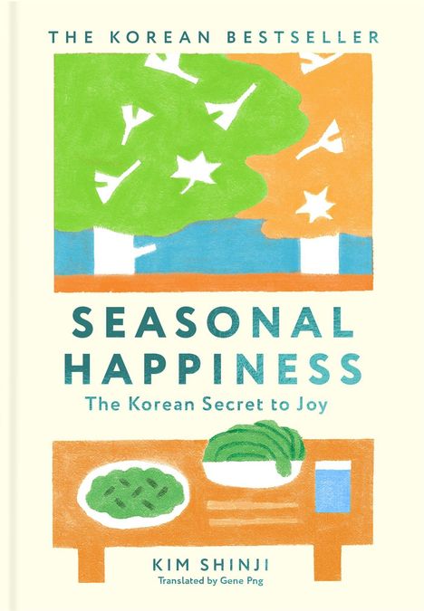 "THE KOREAN BESTSELLER" oben, "SEASONAL HAPPINESS" in der Mitte. Illustration: Bäume, Tisch mit Gemüse.