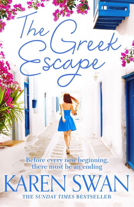 "The Greek Escape" in blauer Schrift, darunter "Before every new beginning, there must be an ending." Frau in blauem Kleid in weißer Gasse.