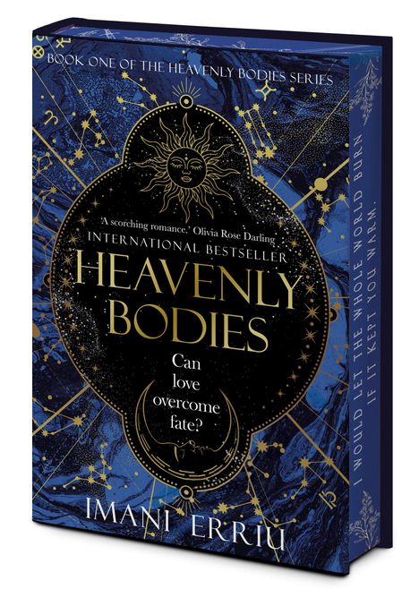 **HEAVENLY BODIES**: "Can love overcome fate?" In blau-goldener Gestaltung mit Sonnen- und Mondillustrationen.