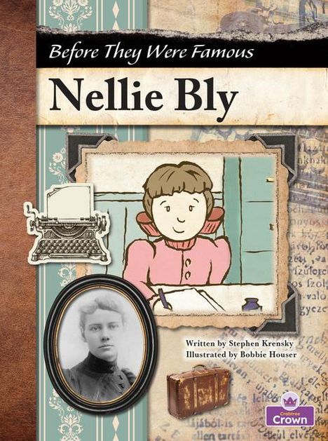 "Before They Were Famous: Nellie Bly." Illustration eines Mädchens. Historisches Foto von Frau. Vintage-Schreibmaschine.