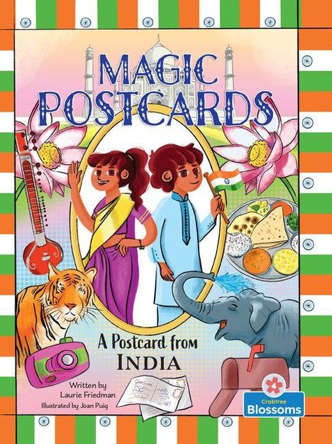 Text: "Magic Postcards", "A Postcard from India". Illustration zeigt Kinder, Lotusse, Elefant, Tiger, Sitar, und Kamera.