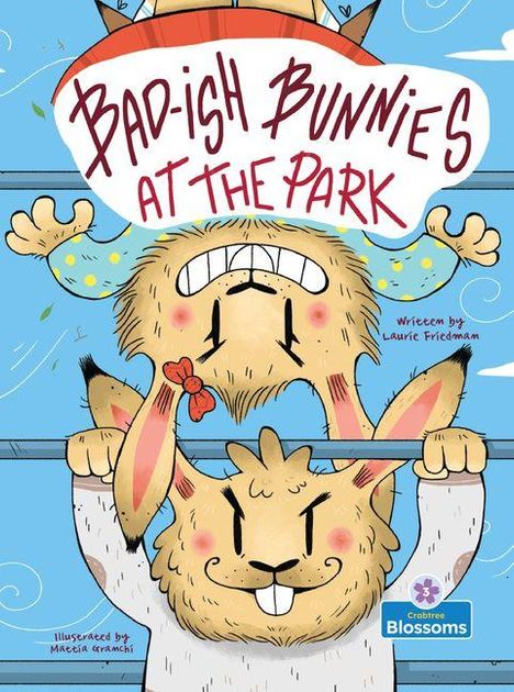 "Bad-ish Bunnies at the Park." Zwei Hasen turnen auf Stangen. Der obere sieht verärgert aus, der untere konzentriert. Zeichnung.