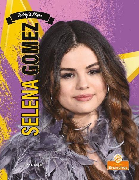Text: "Today's Stars", "SELENA GOMEZ". Eine Frau mit langen Haaren, lila Hintergrund, gelber Stern. Logo unten rechts.