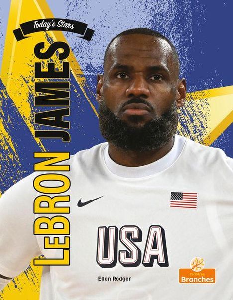 LEBRON JAMES in gelber Schrift. Ein Mann im weißen USA-Trikot mit Flaggen-Badge. Hintergrund: blaue und gelbe Sternmuster.