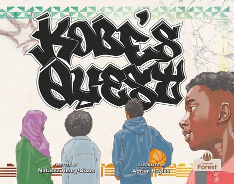 „Kobe's Quest“ in großer, stilisierter Schrift. Drei Personen von hinten, eine mit Basketball, rechts ein Profil.