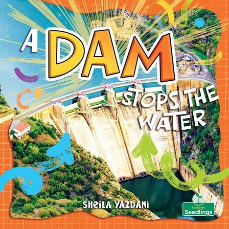 "A DAM STOPS THE WATER" und "SHEILA YAZDANI" sind groß geschrieben. Illustration eines Staudamms in bunter Umgebung.