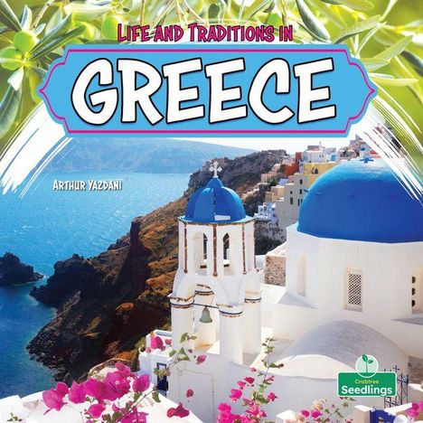 "Life and Traditions in Greece" und "Arthur Yazdani". Weiß-blaue Gebäude mit blauen Kuppeln an einer Küstenlinie.