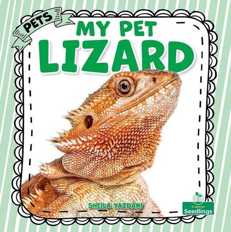 "PETS", "MY PET LIZARD", "SHEILA YAZDANI". Eidechse mit strukturiertem orangefarbenem Schuppenkleid, dekorativer Rahmen.