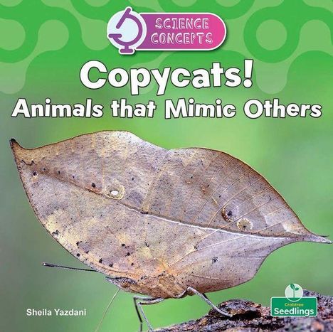 „Copycats! Animals that Mimic Others“ über einem blattähnlichen Insekt auf grünem Hintergrund. Kleines Logo oben.