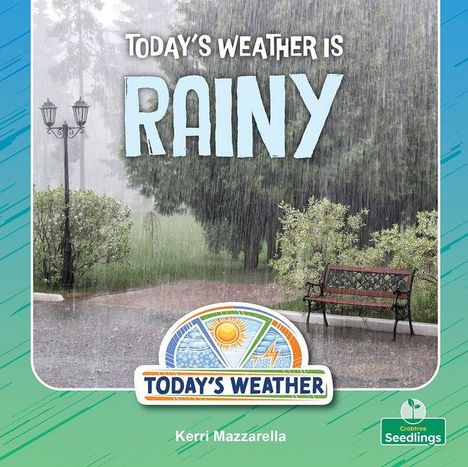 Der Text lautet "Today's Weather is Rainy". Es zeigt einen regnerischen Park mit einer Bank und Laternen.