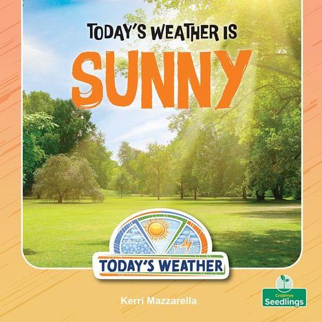 "Today's weather is sunny" in großer Schrift, Parklandschaft mit grünen Bäumen und Sonnenschein, Logo mit Wettermotiven.