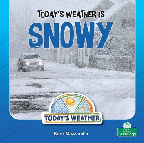 Text: "Today's Weather is Snowy." Darunter ein verschneites Straßenszenario mit einem Auto. Wetter-Logo unten.