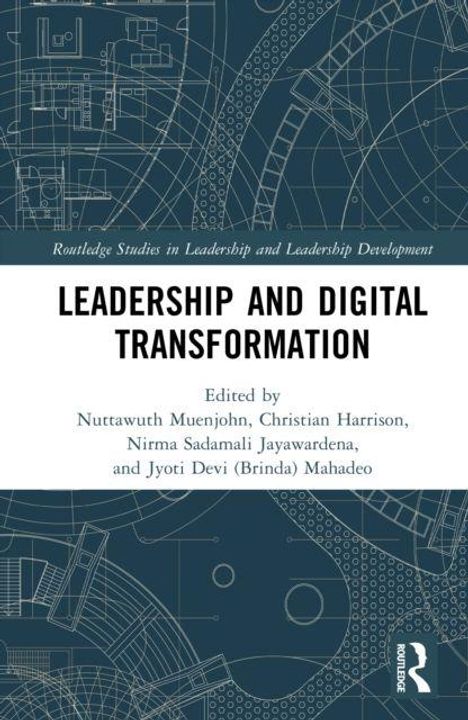 "LEADERSHIP AND DIGITAL TRANSFORMATION." Herausgeber und abstrakte technische Zeichnungen auf blauem Hintergrund.