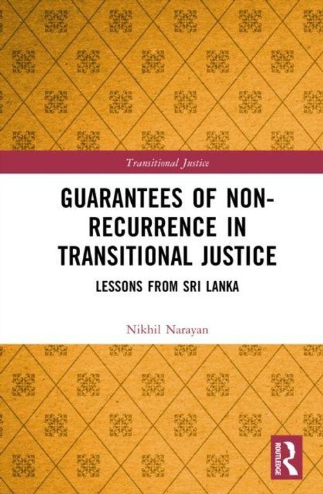 "GUARANTEES OF NON-RECURRENCE IN TRANSITIONAL JUSTICE" steht in großer Schrift. Ein gelbes, gemustertes Hintergrundmuster.