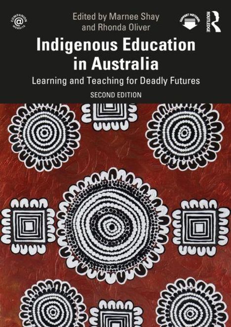 Indigenous Education in Australia. Muster aus weißen, konzentrischen Kreisen auf rotem Hintergrund.