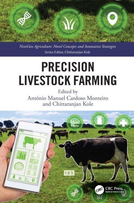 "Precision Livestock Farming" von António Monteiro und Chittaranjan Kole. Hand mit Smartphone, Kuh auf Wiese.