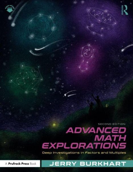 "Advanced Math Explorations, Jerry Burkhart; nächtlicher Himmel mit geometrischen Formen und zwei Menschen am Horizont."