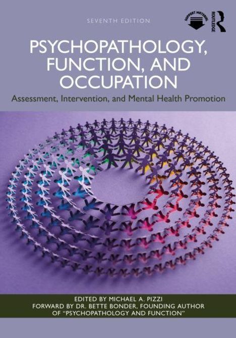 „Psychopathology, Function, and Occupation“, sechste Auflage, Autoren: Michael A. Pizzi. Bunte Figuren in einem Kreis.