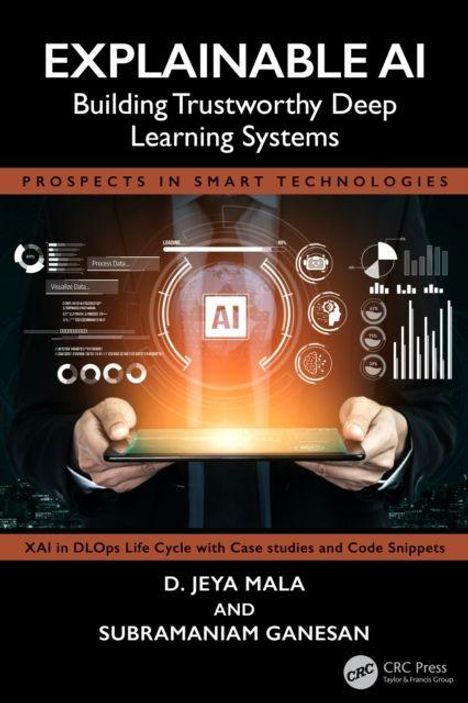 „EXPLAINABLE AI: Building Trustworthy Deep Learning Systems“. Hände halten ein Tablet mit AI-Symbol und digitalen Icons.