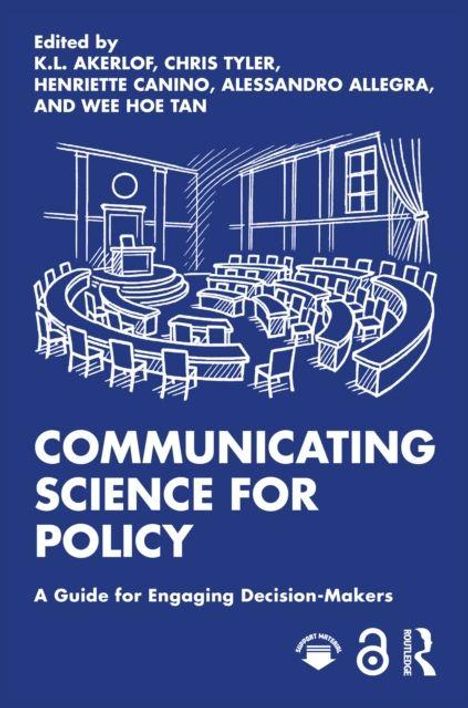 Titel: Communicating Science for Policy. Ein Handbuch. Autoren und Illustration: Ein Sitzungssaal in blauen Tönen.