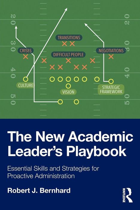 Titel: "The New Academic Leader's Playbook". Autor: Robert J. Bernhard. Illustration eines Spielfelds mit Pfeilen und Kreuzen.