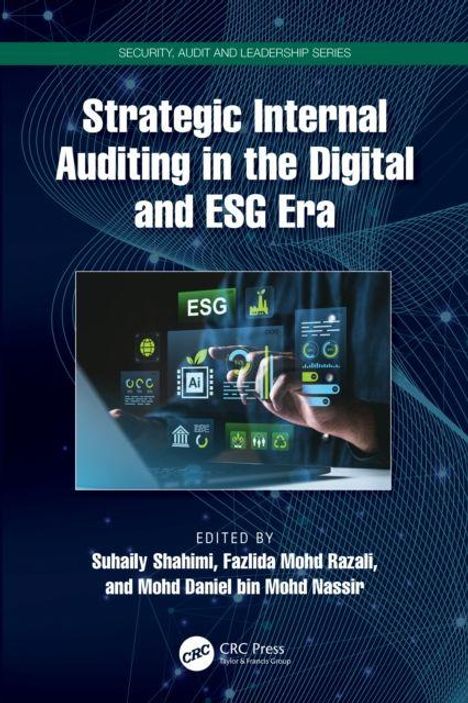 "Strategic Internal Auditing in the Digital and ESG Era", Buchcover mit Technologie-Icons und einer Hand.