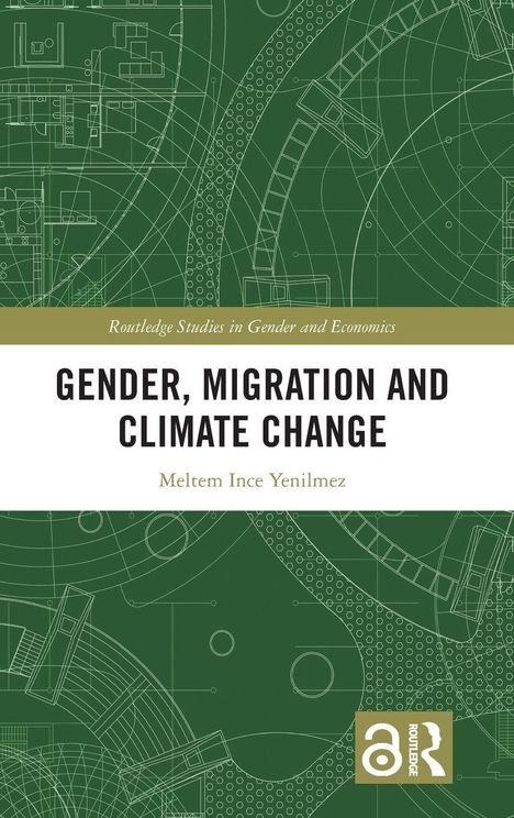 Buchtitel: "Gender, Migration and Climate Change" von Meltem İnce Yenilmez. Hintergrund in grün mit technischen Zeichnungen.