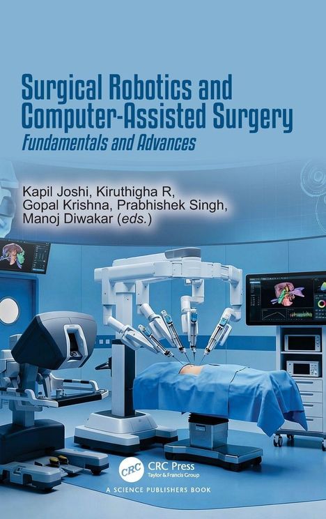 "Surgical Robotics and Computer-Assisted Surgery" in großen, blauen Buchstaben. Illustration: Operationssaal mit Robotern.