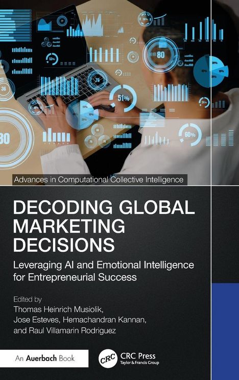 „Decoding Global Marketing Decisions“, Buchcover mit Händen auf Laptop, umgeben von Diagrammen.
