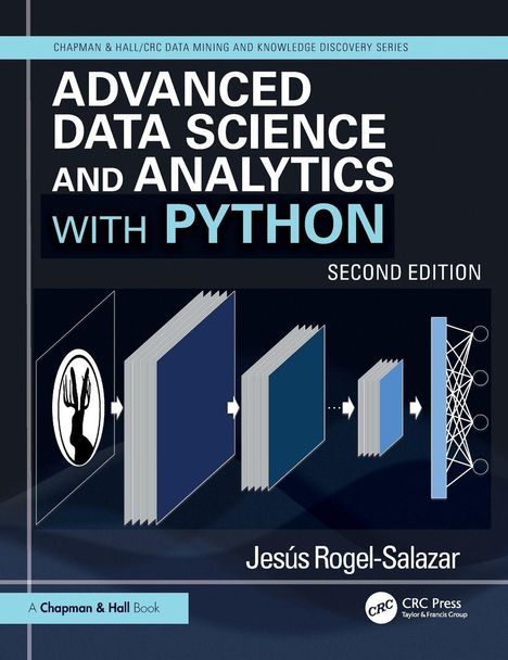 "ADVANCED DATA SCIENCE AND ANALYTICS WITH PYTHON". Illustration: Bücher und ein neuronales Netz.