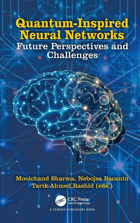 "Quantum-Inspired Neural Networks: Future Perspectives and Challenges" in gelber Schrift. Illustration eines Gehirns mit digitalen Linien.