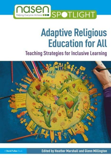 "Adaptive Religious Education for All", Illustration einer bunten Weltkarte, Hand mit Pinsel, nasen Logo oben.