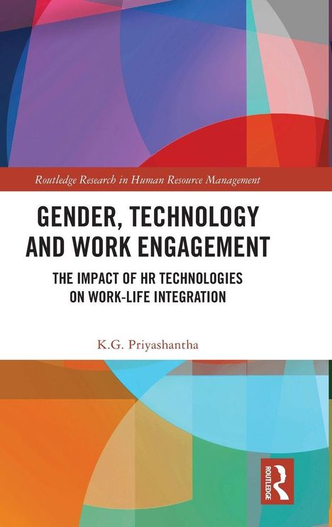 "GENDER, TECHNOLOGY AND WORK ENGAGEMENT" in schwarzer Schrift auf weißem Hintergrund, mit buntem geometrischem Muster oben.