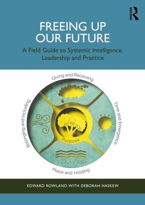 Text: "FREEING UP OUR FUTURE", "A Field Guide to Systemic Intelligence, Leadership and Practice", "Purpose", "Edward Rowland with Deborah Haskew".  
Illustration: Ein Baum in einem Kreis, umgeben von Worten.