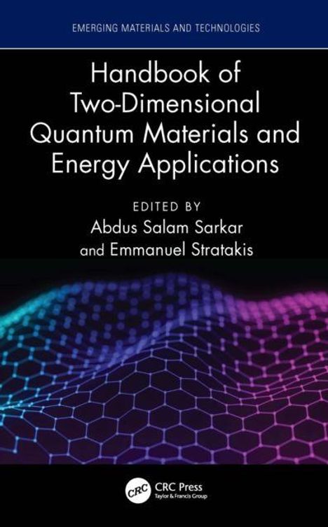 Text: "Handbook of Two-Dimensional Quantum Materials and Energy Applications." Bunte Netzstruktur vor schwarzem Hintergrund.
