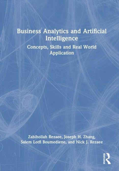 Text: "Business Analytics and Artificial Intelligence: Concepts, Skills and Real World Application". Blaue, abstrakte Muster im Hintergrund.