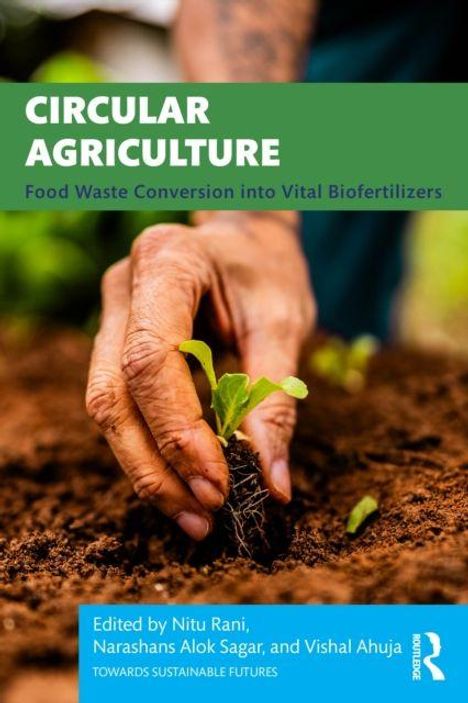 "Text: Circular Agriculture - Food Waste Conversion into Vital Biofertilizers. Foto: Hand pflanzt Setzling in Erde."