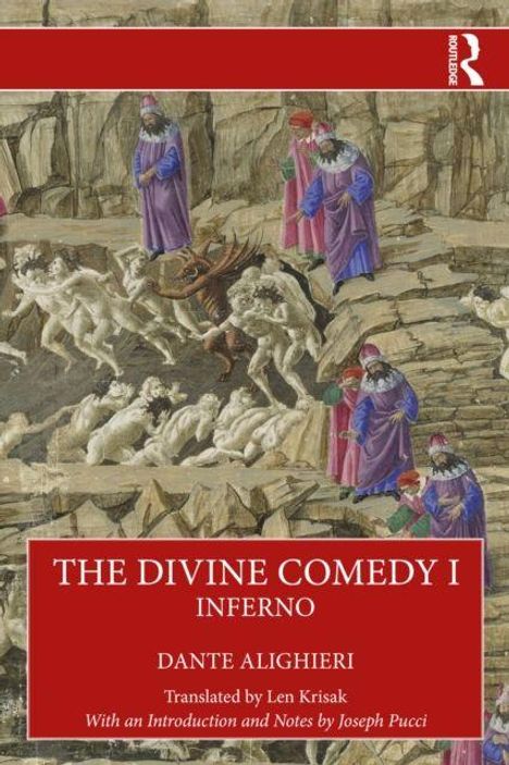 „THE DIVINE COMEDY I: INFERNO, DANTE ALIGHIERI, Translated by Len Krisak“ auf rotem Banner. Illustration von Personen in Höllenszene.