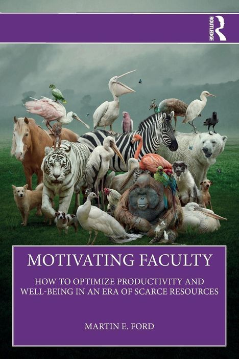 "Motivating Faculty" mit Tieren: Zebra, Tiger, Bär, Pferd, Vögel in grüner Landschaft, orang-Utan zentral.