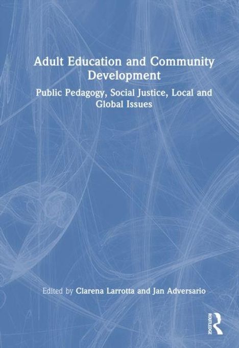"Adult Education and Community Development" in Weiß auf blauem Hintergrund, stilisierte Muster.