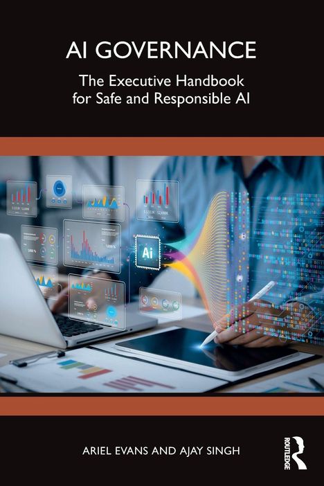 „AI AND CYBER GOVERNANCE: The Executive Playbook for Safe and Responsible AI“. Laptop mit digitalen Diagrammen und AI-Icons.