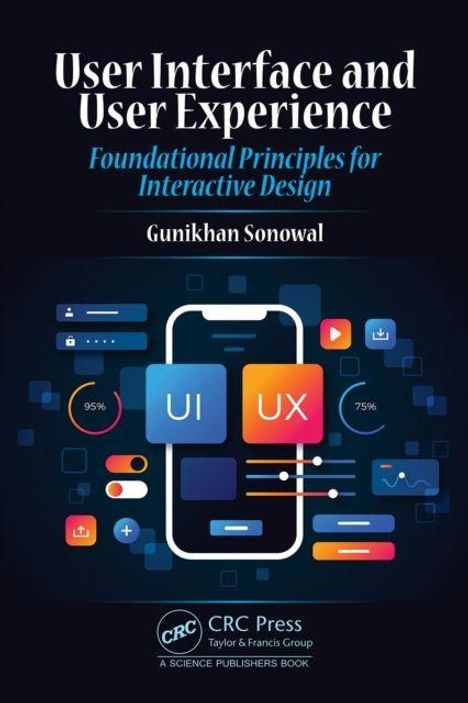„User Interface and User Experience“. Illustration eines Smartphones mit UI/UX Symbolen und interaktiven Elementen.