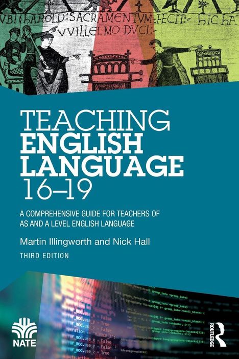 "Teaching English Language 16–19" steht auf blauem Hintergrund. Im Hintergrund historische und digitale Motive.